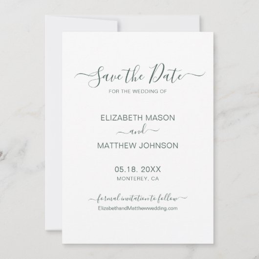 Elegant Script Fotocollage Sage Groene Bruiloft Save The Date (Achterkant)