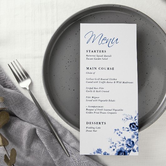 Elegant Script Frans Blauwe Bloemstuk Bruiloft Menu