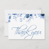 Elegant script Franse Blauwe Bloemen Toile bruilof Bedankkaart (Achterkant)