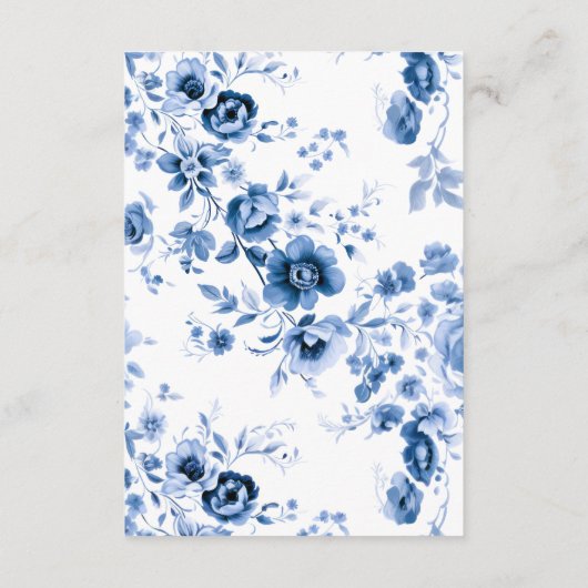 Elegant script Franse Blauwe Bloemen Toile bruilof Informatiekaartje (Achterkant)