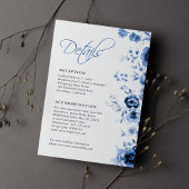 Elegant script Franse Blauwe Bloemen Toile bruilof Informatiekaartje