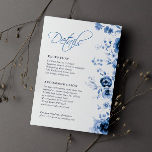 Elegant script Franse Blauwe Bloemen Toile bruilof Informatiekaartje