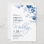Elegant script Franse Blauwe Bloemen Toile bruilof Kaart (Voorkant)