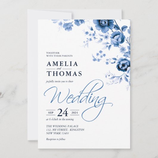 Elegant script Franse Blauwe Bloemen Toile bruilof Kaart (Voorkant)