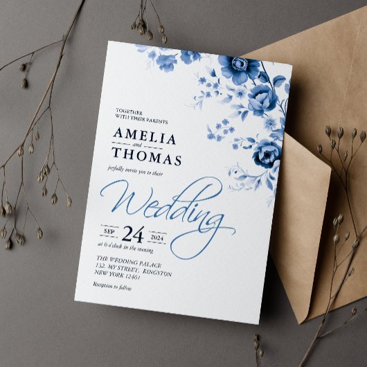 Elegant script Franse Blauwe Bloemen Toile bruilof Kaart