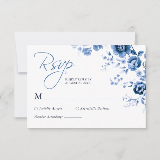 Elegant script Franse Blauwe Bloemen Toile bruilof RSVP Kaartje (Voorkant)