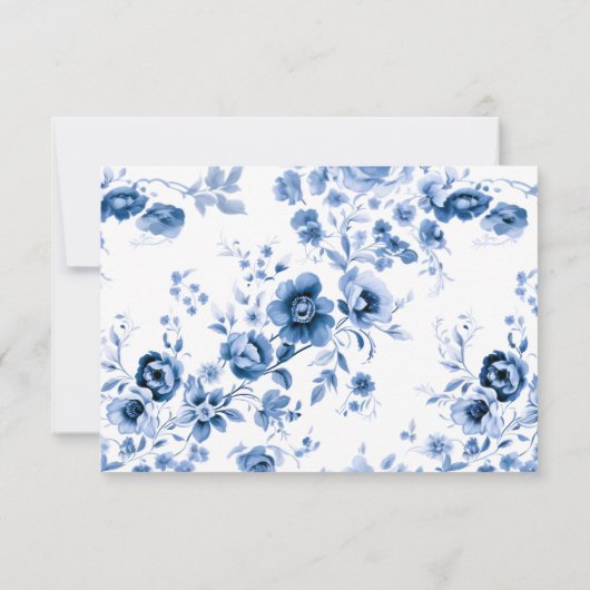 Elegant script Franse Blauwe Bloemen Toile bruilof RSVP Kaartje (Achterkant)