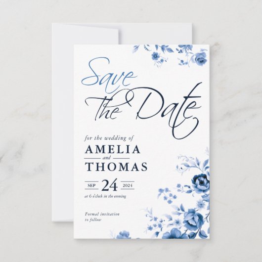 Elegant script Franse Blauwe Bloemen Toile bruilof Save The Date (Voorkant)