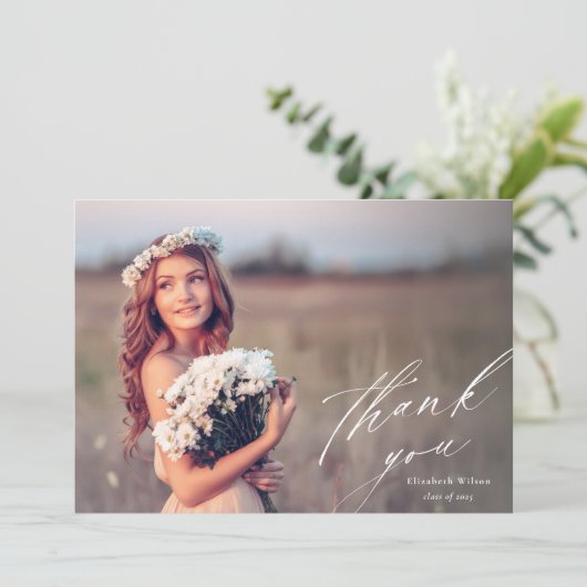 Elegant Script Full Photo Afstuderen Hartelijk dan Bedankkaart (Staand voorkant)