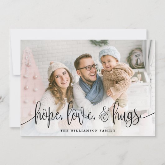 Elegant Script Full Photo Hope Love Hugs Black Feestdagenkaart (Voorkant)