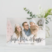 Elegant Script Full Photo Hope Love Hugs Black Feestdagenkaart (Staand voorkant)