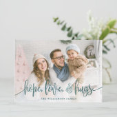 Elegant Script Full Photo Hope Love Hugs Green Feestdagenkaart (Staand voorkant)