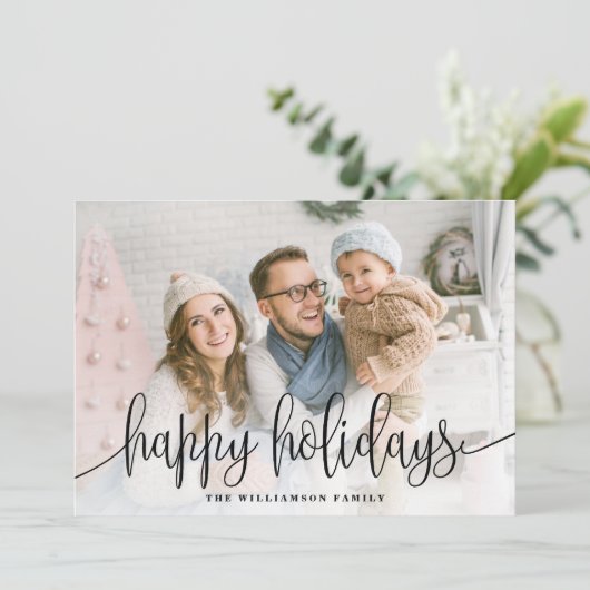 Elegant Script Full Photo Prettige feestdagen Blac Feestdagenkaart (Staand voorkant)
