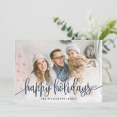 Elegant Script Full Photo Prettige feestdagen Navy Feestdagenkaart (Staand voorkant)