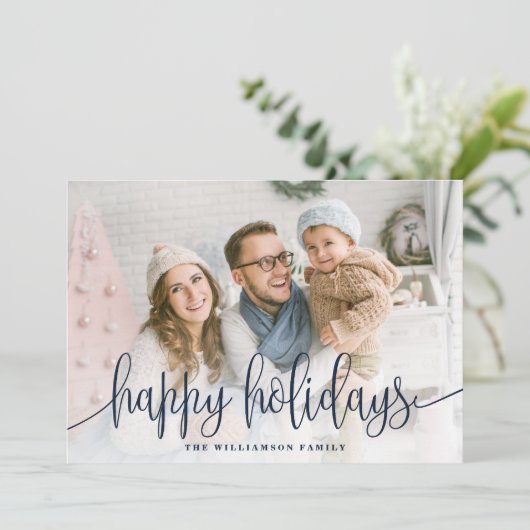 Elegant Script Full Photo Prettige feestdagen Navy Feestdagenkaart (Staand voorkant)