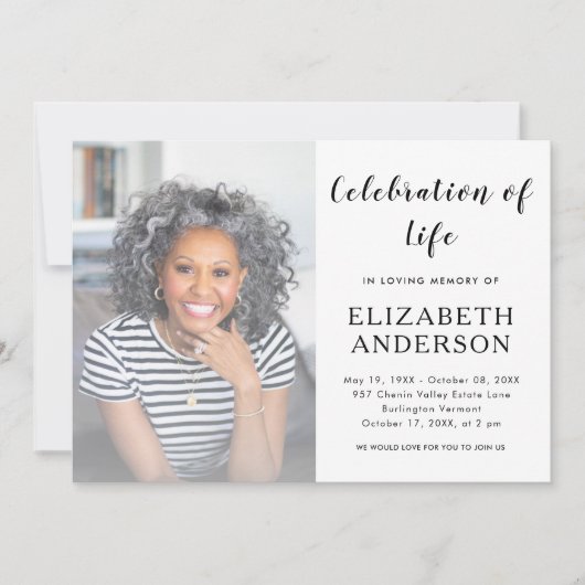 Elegant Script Funeral Photo Celebration of Life Kaart (Voorkant)
