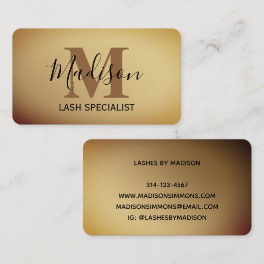 Elegant script geborsteld metallisch goudmonogram visitekaartje (Voorkant / Achterkant)