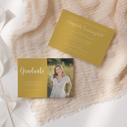Elegant Script Geel Goud Foto Afstuderen Kaart