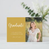 Elegant Script Geel Goud Foto Afstuderen Kaart (Staand voorkant)