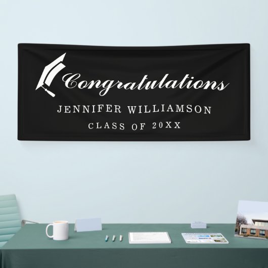 Elegant script Gefeliciteerd Afstuderen Zwart Spandoek (Beurs)