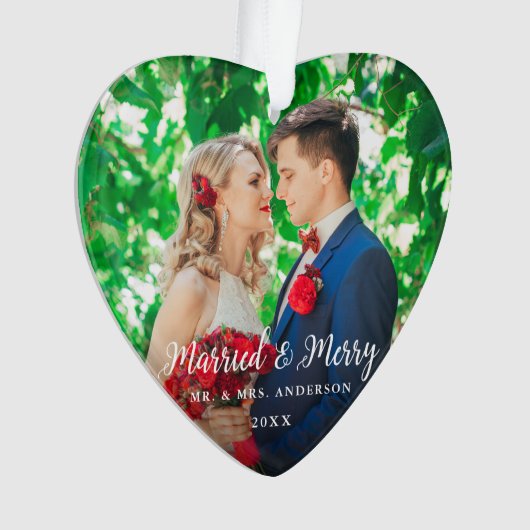 Elegant Script, gehuwd en leuk foto-bruiloft Ornament (voorkant)