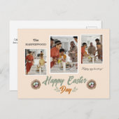 Elegant Script Gelukkig Pasen Familie Drie Foto Feestdagenkaart (Voorkant / Achterkant)