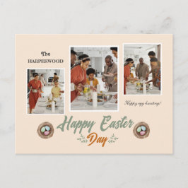 Elegant Script Gelukkig Pasen Familie Drie Foto Feestdagenkaart