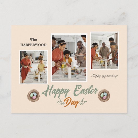 Elegant Script Gelukkig Pasen Familie Drie Foto Feestdagenkaart (Voorkant)