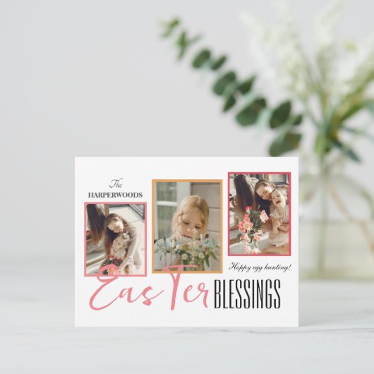 Elegant Script Gelukkig Pasen Familie Drie Foto Feestdagenkaart (Staand voorkant)