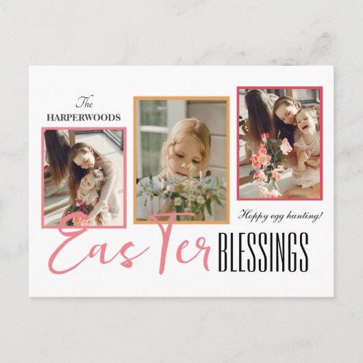 Elegant Script Gelukkig Pasen Familie Drie Foto Feestdagenkaart (Voorkant)