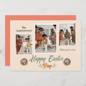 Elegant Script Gelukkig Pasen Familie Drie Foto Feestdagenkaart (Voorkant / Achterkant)