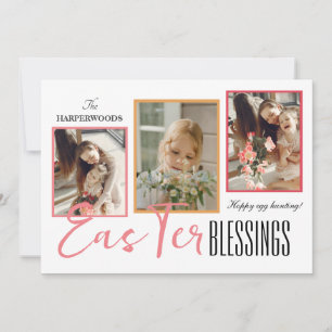 Elegant Script Gelukkig Pasen Familie Drie Foto Feestdagenkaart