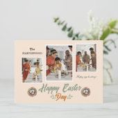 Elegant Script Gelukkig Pasen Familie Drie Foto Feestdagenkaart (Staand voorkant)
