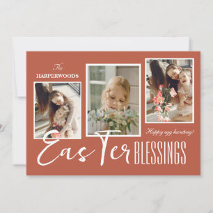 Elegant Script Gelukkig Pasen Familie Drie Foto Feestdagenkaart