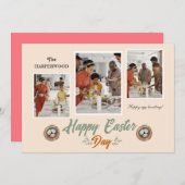 Elegant Script Gelukkig Pasen Familie Drie Foto Feestdagenkaart (Voorkant / Achterkant)