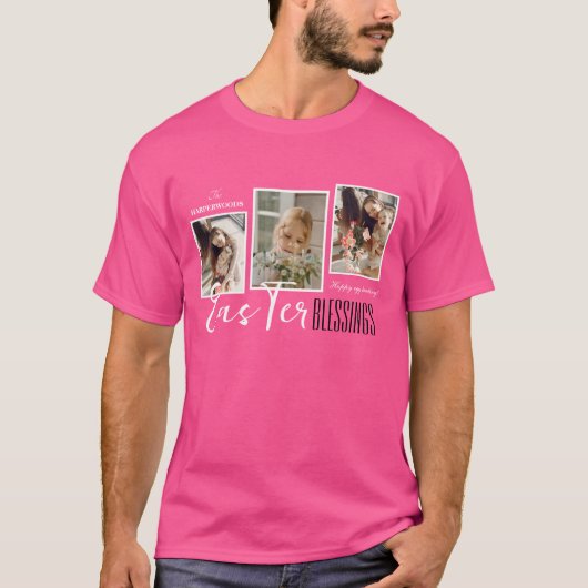 Elegant Script Gelukkig Pasen Familie Drie Foto T-shirt (Voorkant)