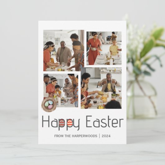 Elegant Script Gelukkig Pasen Familie Fotocollage Feestdagenkaart (Staand voorkant)