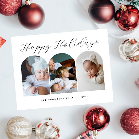 Elegant script Gepersonaliseerd drie kerstfoto's Feestdagenkaart