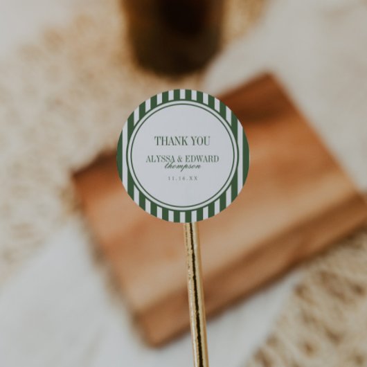 Elegant Script Gestreept Groen Huwelijk Bedankt Ronde Sticker