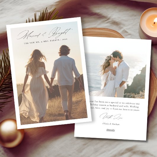 Elegant script Getrouwd en heldere kerstfoto Feestdagenkaart