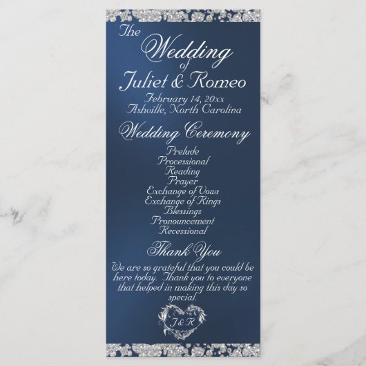 Elegant Script & Glitter - Blauwe bruiloft Programmakaart (Voorkant)