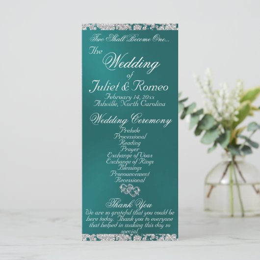 Elegant Script & Glitter - Blauwgroen bruiloft Programmakaart (Staand voorkant)