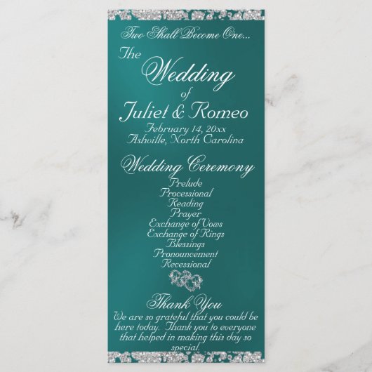 Elegant Script & Glitter - Blauwgroen bruiloft Programmakaart (Voorkant)