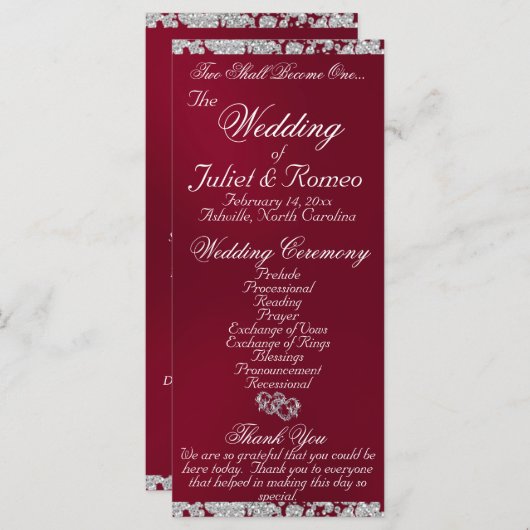 Elegant Script & Glitter - Bourgondische bruiloft Programmakaart (Voorkant / Achterkant)