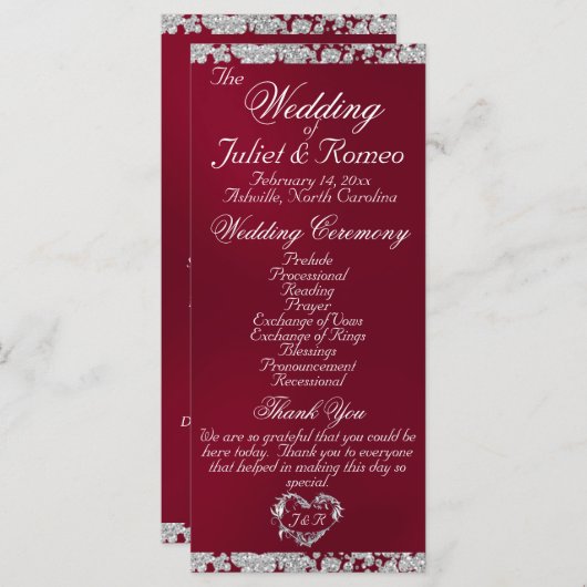 Elegant Script & Glitter - Bourgondische bruiloft Programmakaart (Voorkant / Achterkant)