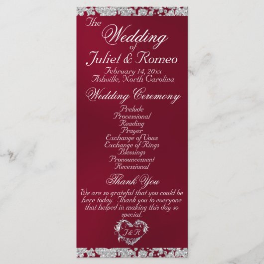 Elegant Script & Glitter - Bourgondische bruiloft Programmakaart (Voorkant)