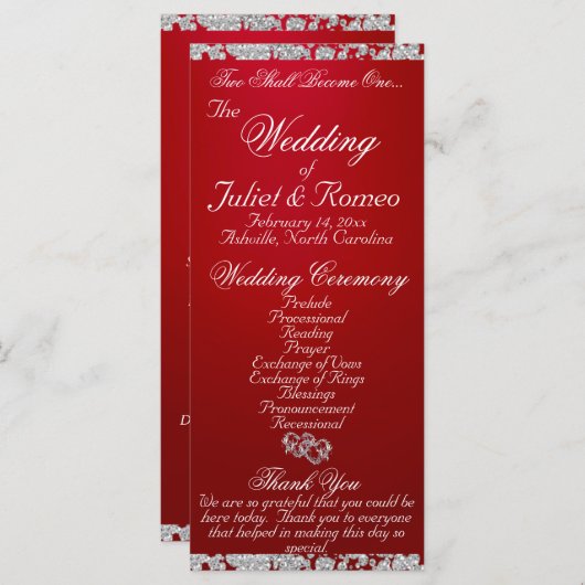 Elegant Script & Glitter - Crimson Wedding Programmakaart (Voorkant / Achterkant)