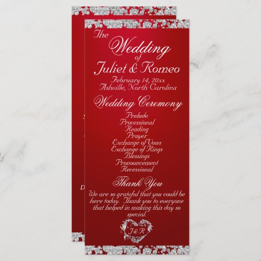 Elegant Script & Glitter - Crimson Wedding Programmakaart (Voorkant / Achterkant)