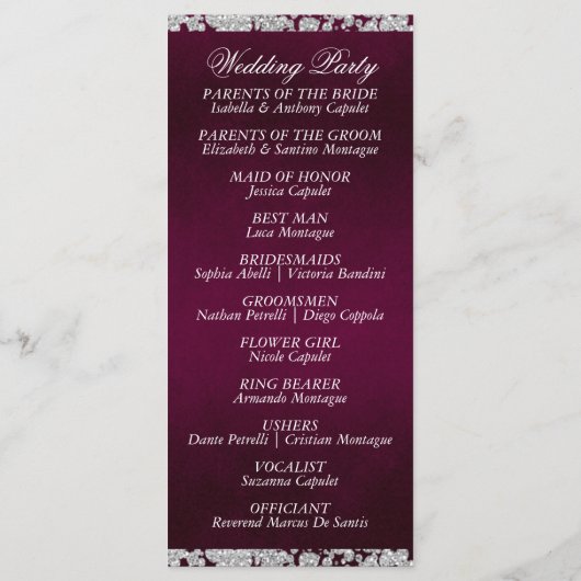 Elegant Script & Glitter - Paarse bruiloft Programmakaart (Achterkant)