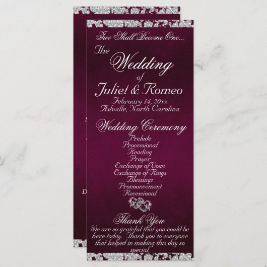 Elegant Script & Glitter - Paarse bruiloft Programmakaart (Voorkant / Achterkant)